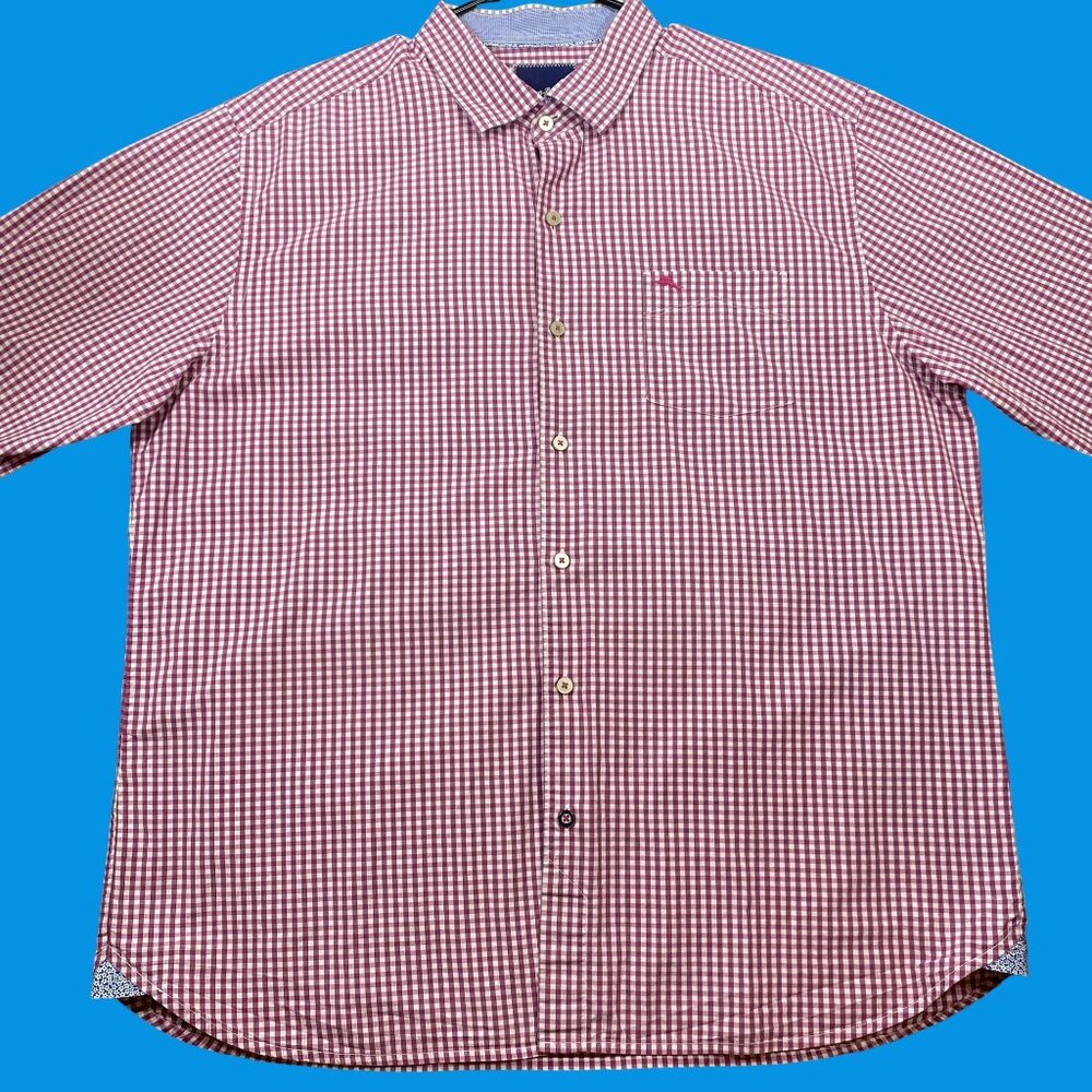 Tommy Bahama Mens Red White Gingham Check Button-Down Shirt XL 100% Pima Cotton